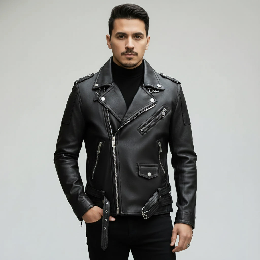 Men's Black Multi-Pocket Leather Biker Jacket - Branwell – Rebels