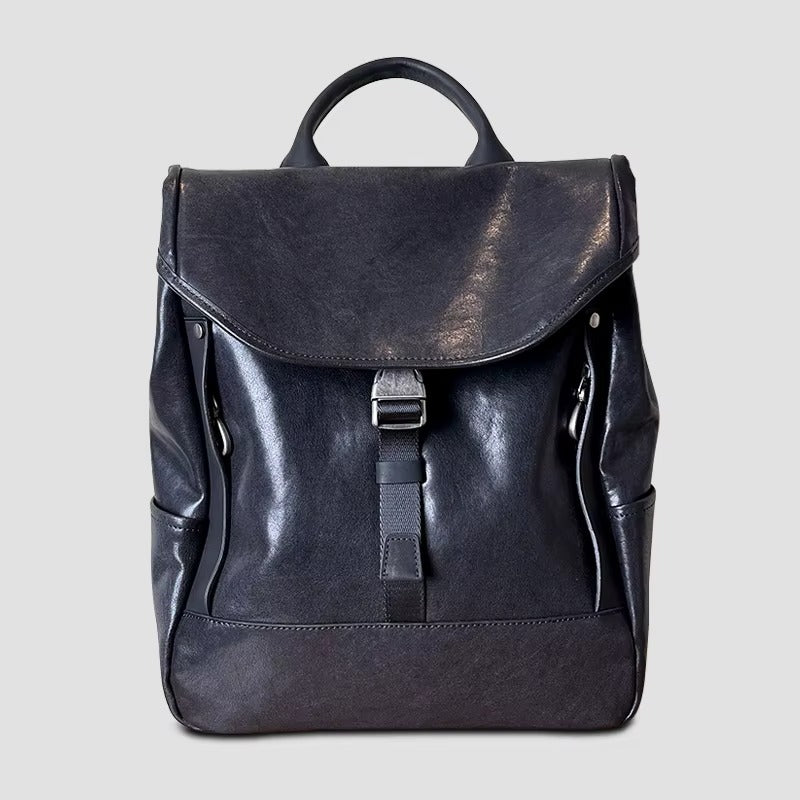 black genuine leather backpack mens Men's Black Leather Laptop Backpack