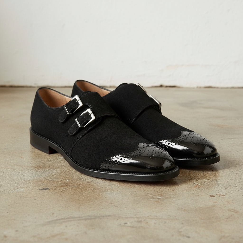 Men's Black Cap-Toe Canvas Double Monk Strap Monks Men's Black Cap-Toe Canvas Double Monk Strap Monks