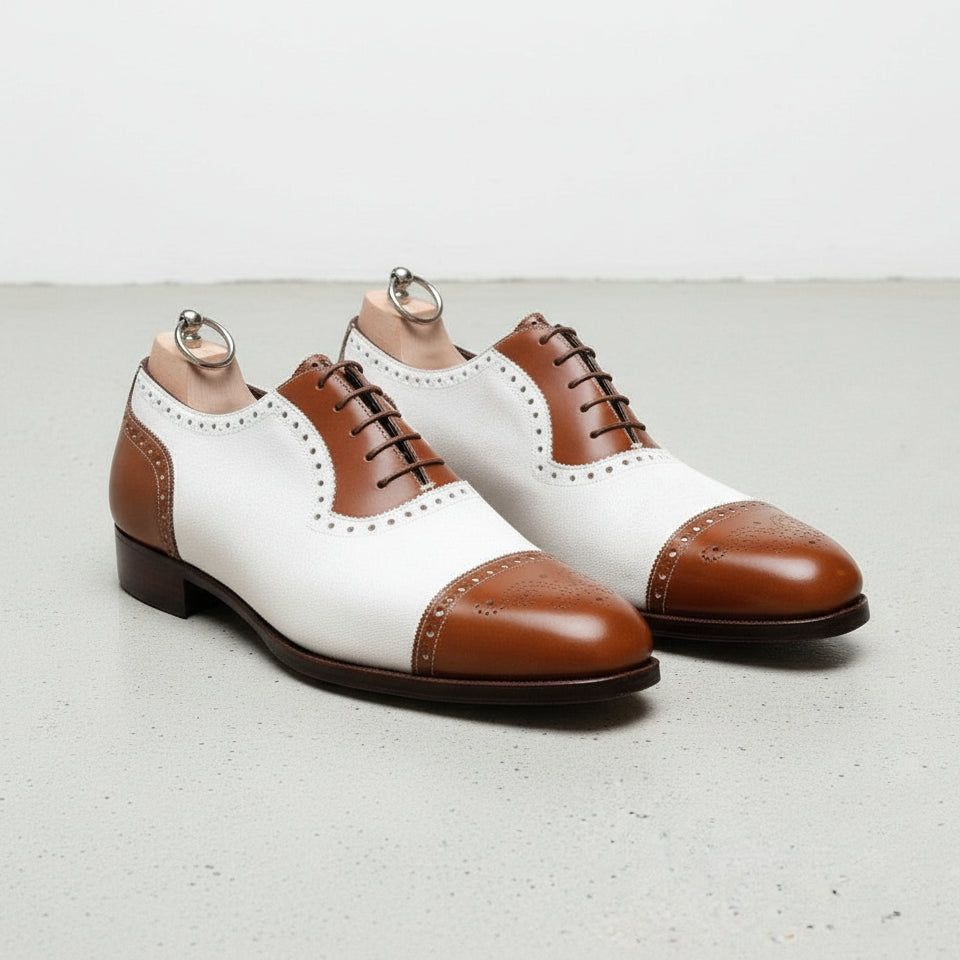 Handmade Men's Two Tone Formal Shoes - Men's Brown and White Spectator Shoes