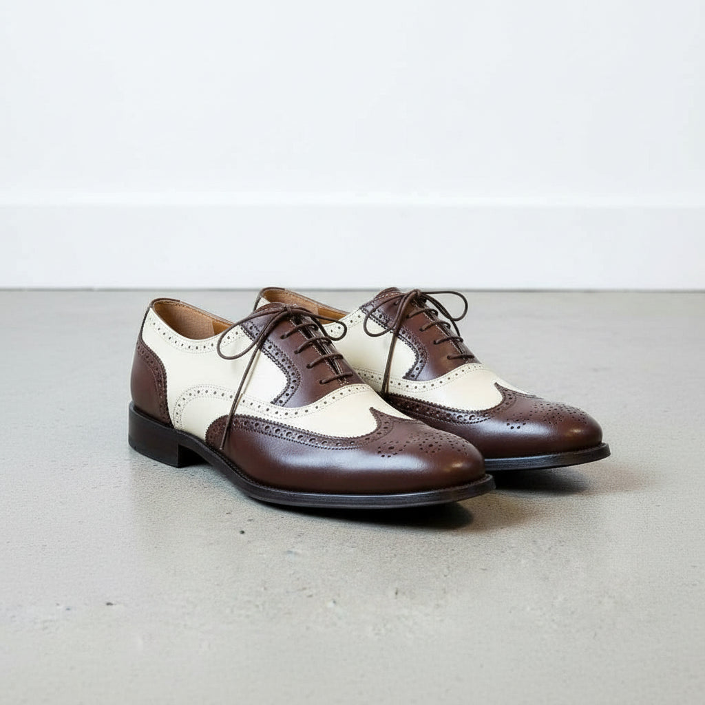 Handmade mens two tone brogue shoes, Mne spectator leather dress shoes US 6.5 / Brown / D