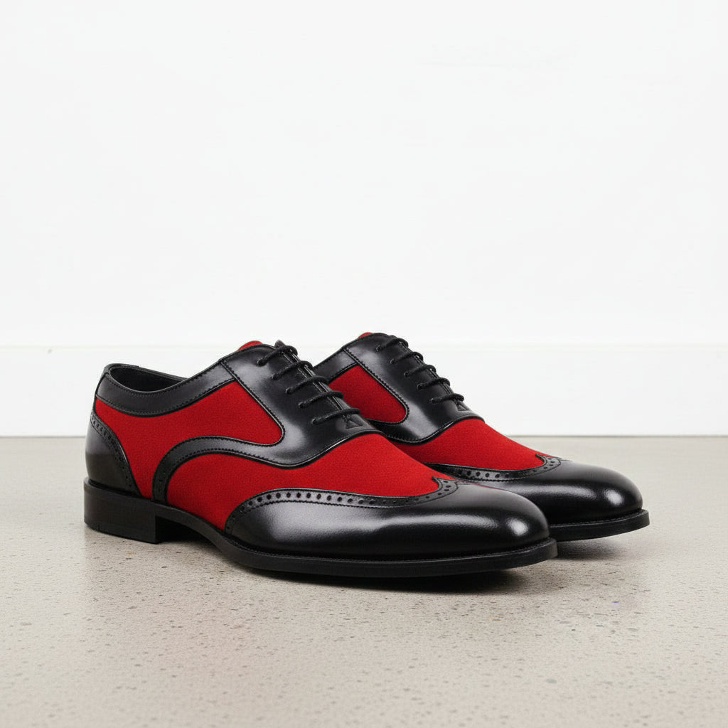 Handmade Men's Spectator Wing Tip Suede and Calf Leather Black and