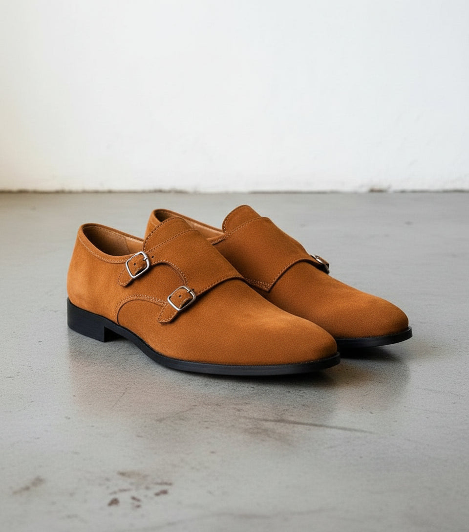 brown suede dress shoes Men's Brown Plain-Toe Suede Double Monk Strap Shoes — Larkin US 9.5 / Tan / D