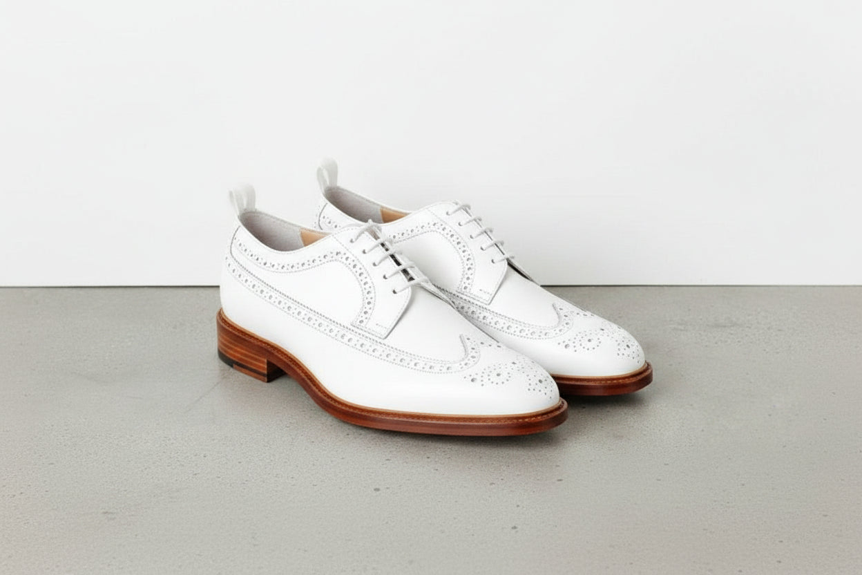 Handmade Men's White Brogue Leather Shoes - Men's Wing Tip Formal Shoes