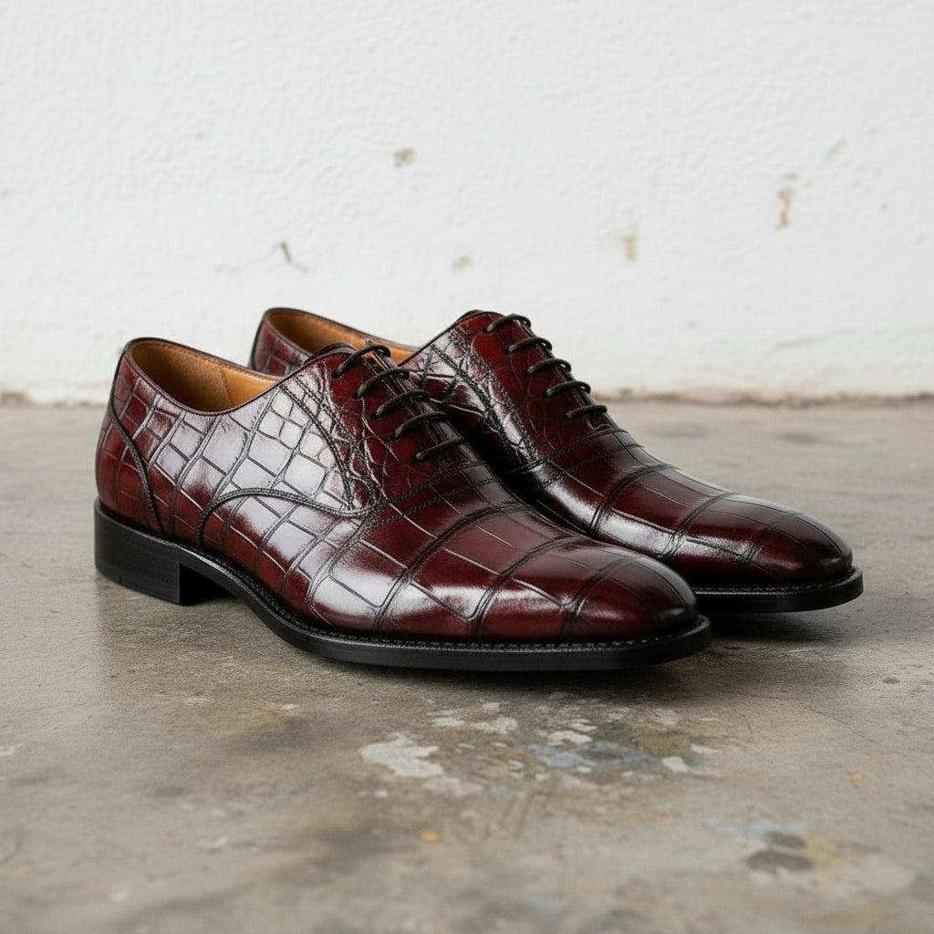 Men's Maroon Crocodile Texture Leather Dress Shoes US 9 / Maroon Almond / D
