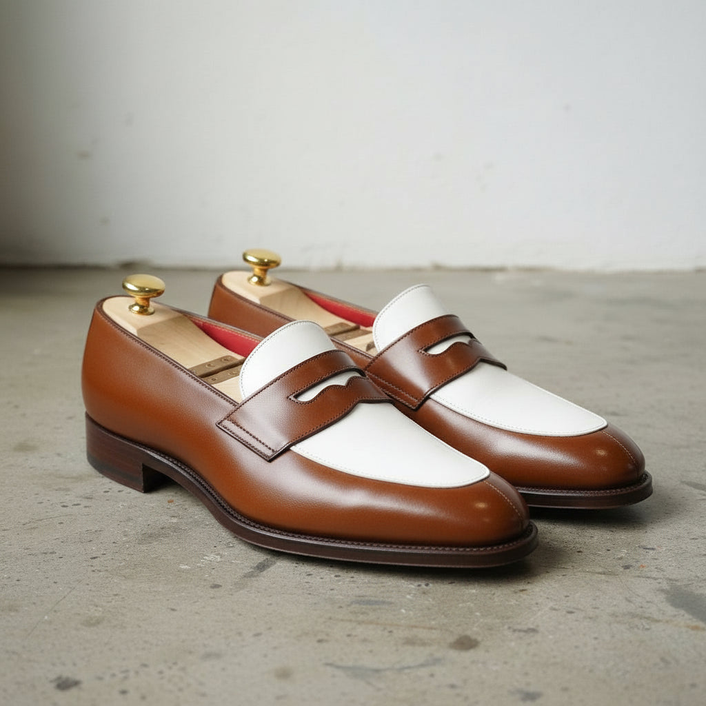 Men's Brown and White Two-Tone Leather Penny Loafers — Elcombe