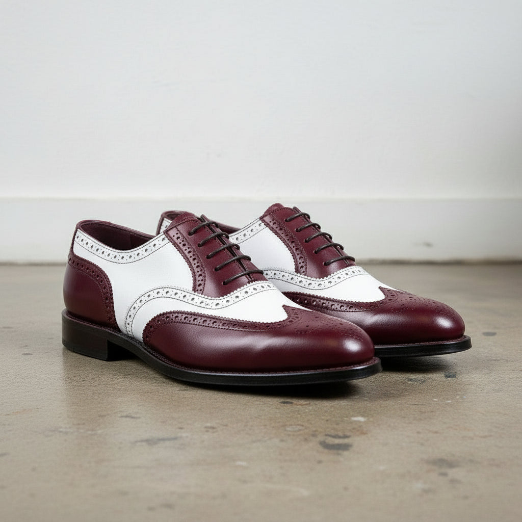 Men's Burgundy and White Wingtip Leather Spectator Oxfords — Gatton 7