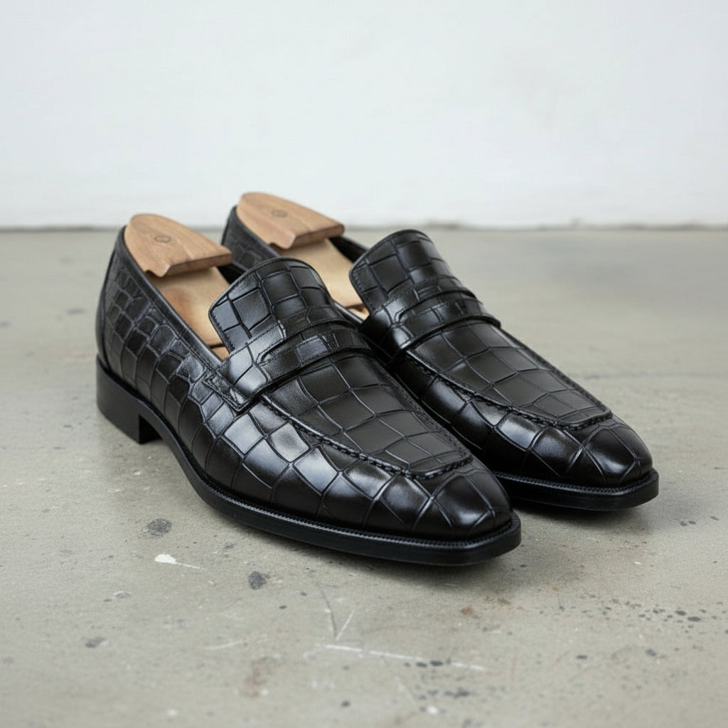Handmade Black Men's Alligators Shoes - Crocodile Embossed Leather Moccasins