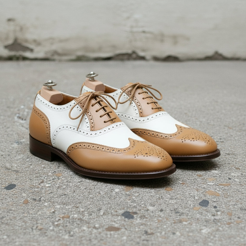 Men's Tan and White Two-Tone Wingtip Leather Oxfords — Sackville