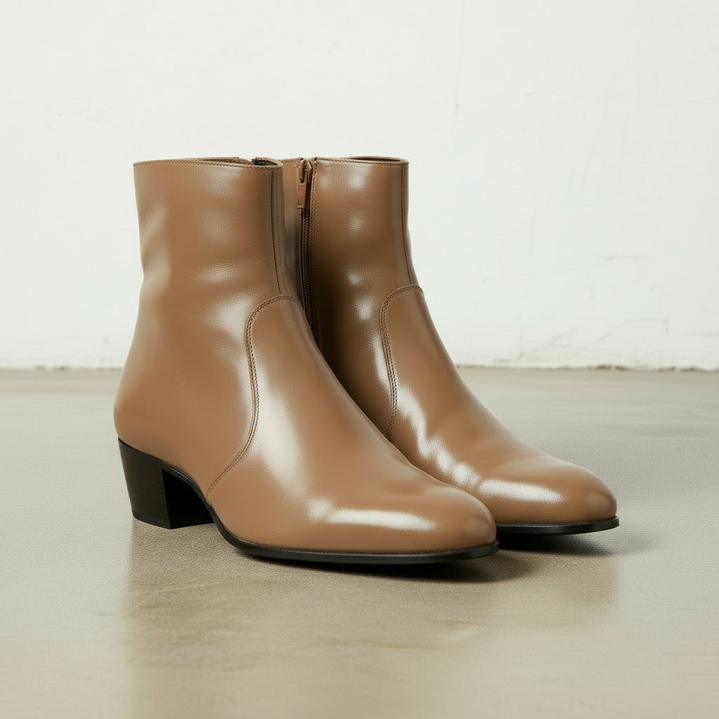 Men's Tan High Heel Zipper Full-Grain Leather Dress Boots