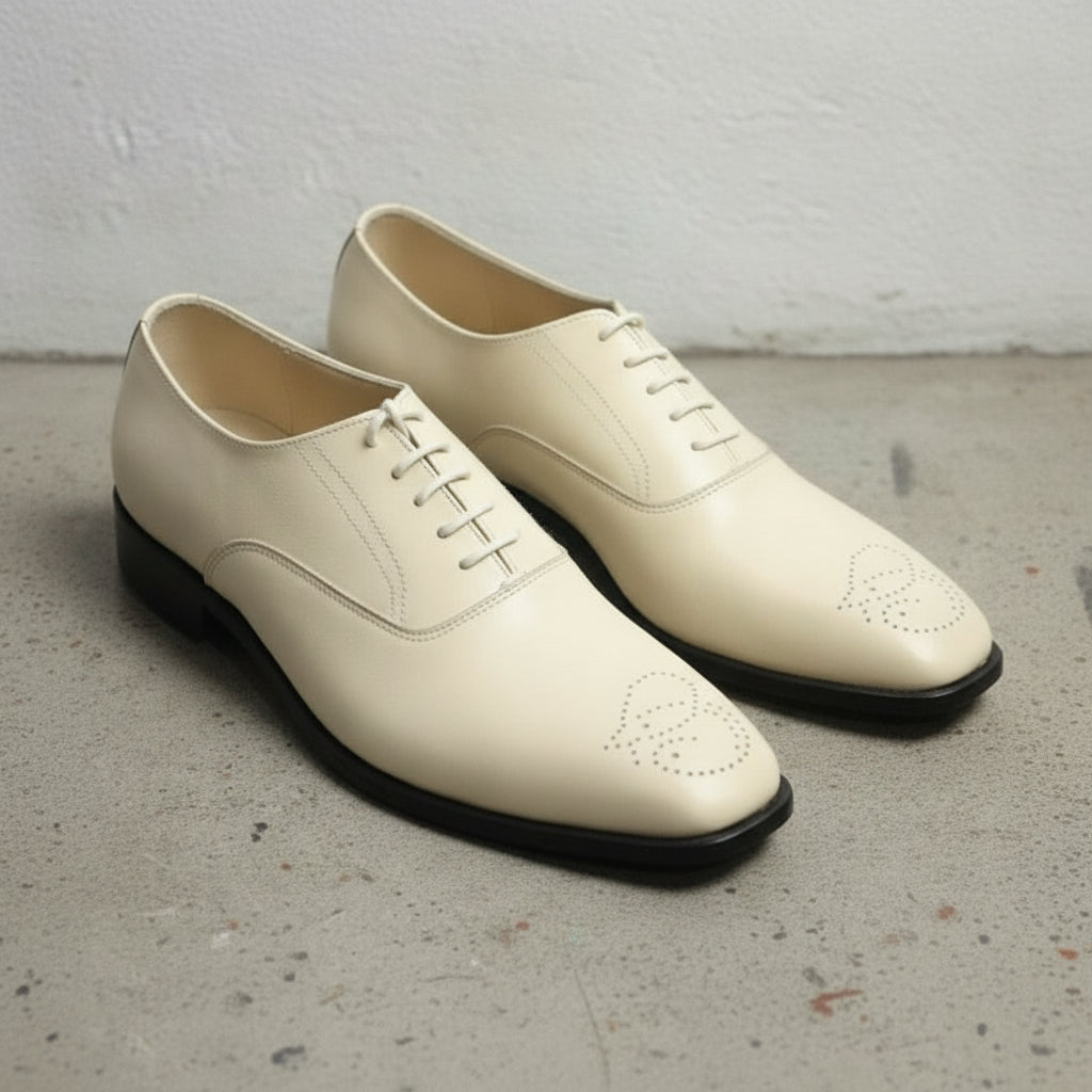 Men's Cream Cap-Toe Brogue Leather Oxfords
