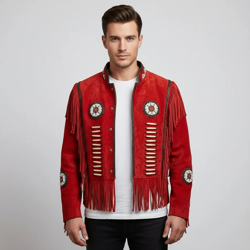 Men's Handmade Fringe Beaded Suede Leather Cowboy Jacket | Rebels