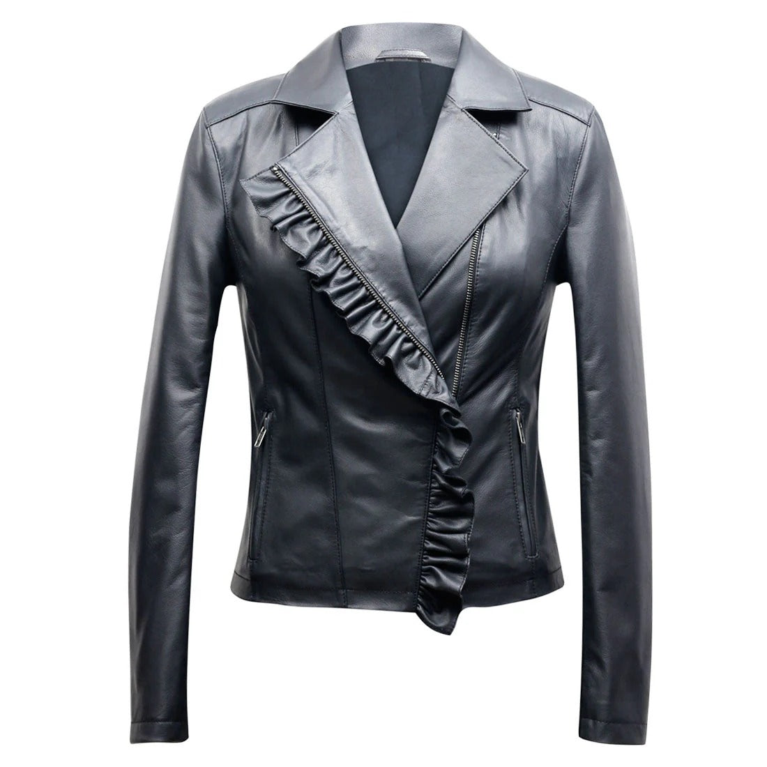 Women's Slim Fit Leather Biker Jacket with Frill Detail – Rebels