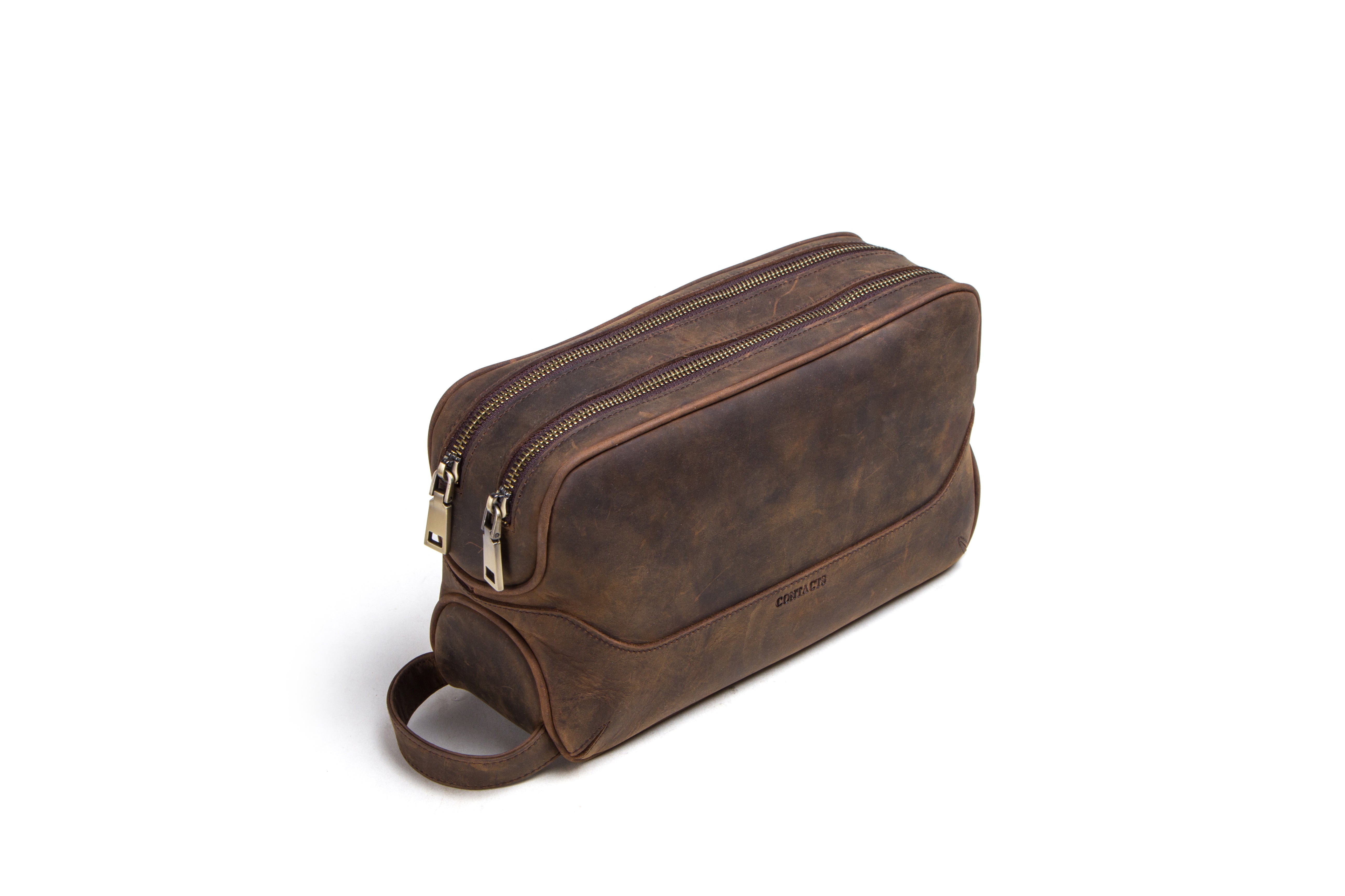 buy mens travel toiletrie bag Crazy Horse Leather Toiletry Bag Brown