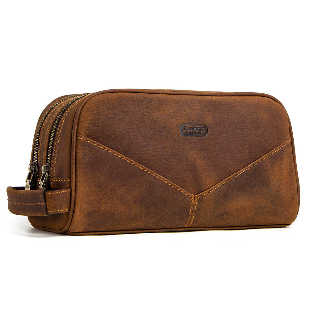 genuine leather toiletry travel bag men Men's Brown Double Zip Leather Toiletry Bag