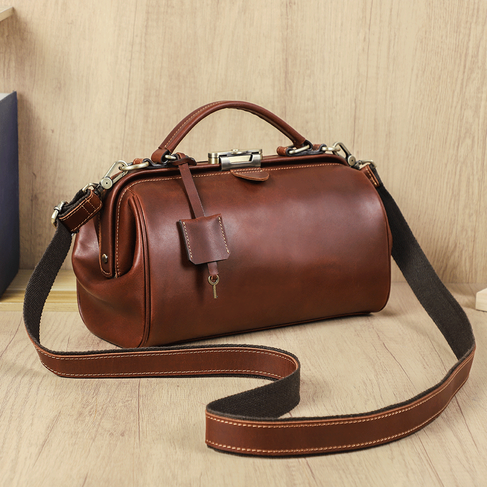 Women's Vintage Brown Lockable Zipper Leather Doctor Bag | Classic Women's Vintage Brown Lockable Zipper Leather Doctor Bag | Classic