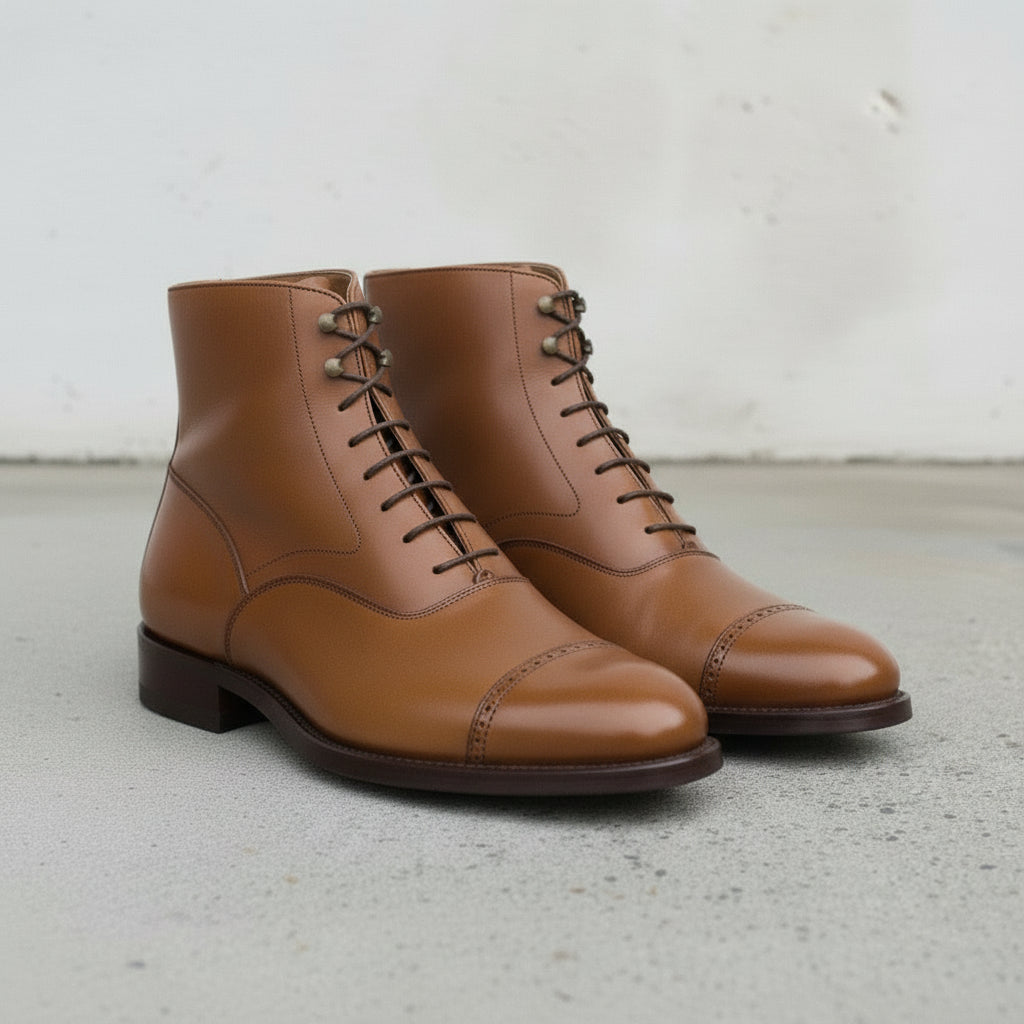 classic dress boots Men's Handmade Tan Leather Lace-up mens dress boots with suit