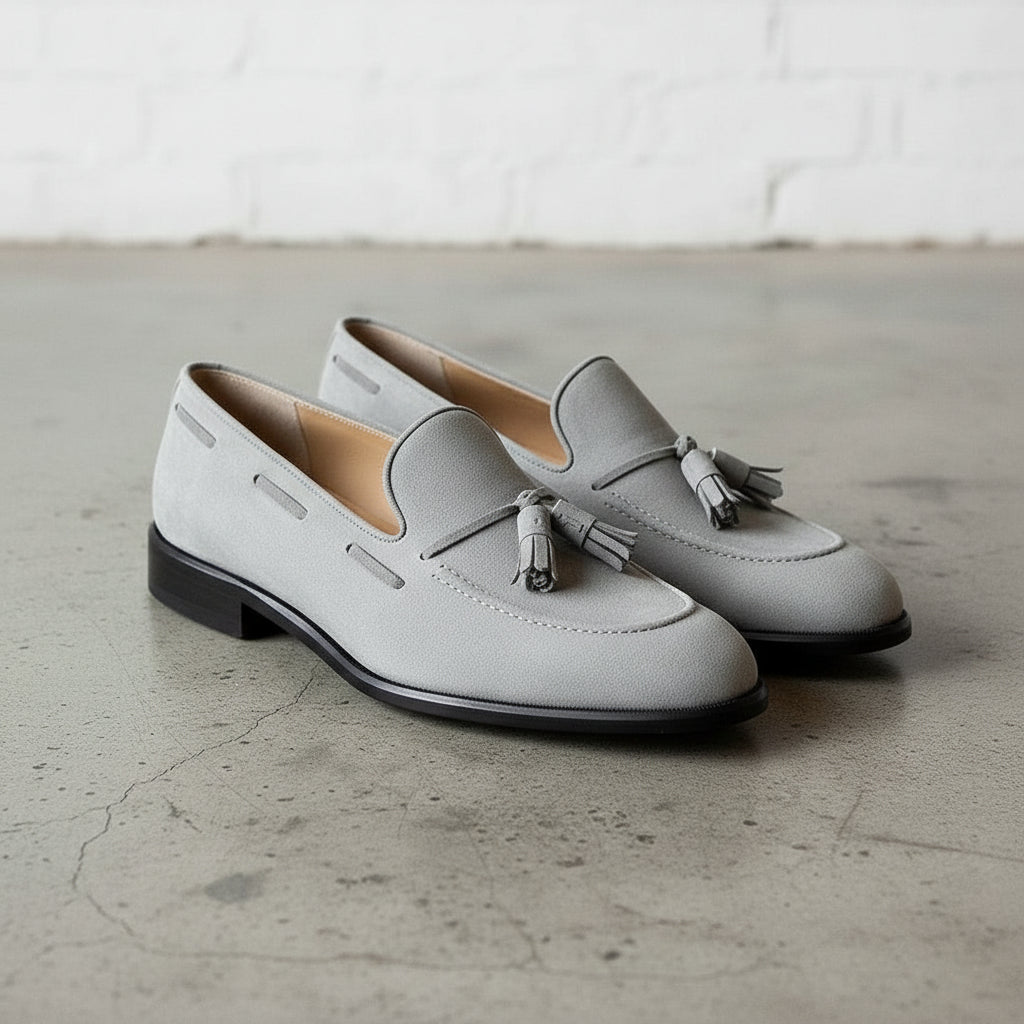 Handmade Men Light Gray Suede Casual Tassels Shoes Moccasins, Shoes Rebels Market Handmade Men Light Gray Suede Casual Tassels Shoes Moccasins, Shoes Rebels Market