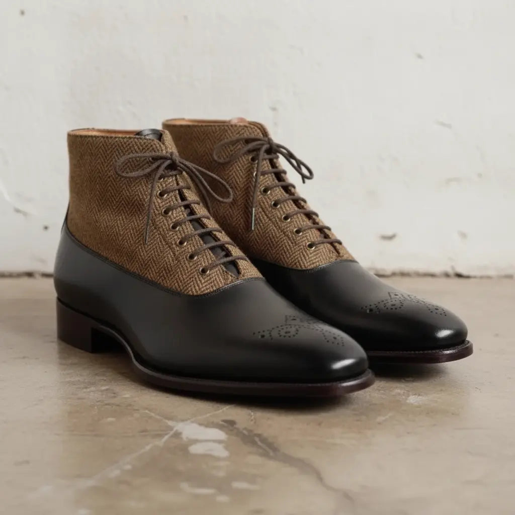 black dress tan boots Handmade Men Leather - Tweed Fabric Boots - Men's Boot Black Gothic Crystal Beaded Commencement it adds a stylish Color:Honey Beige Blossom