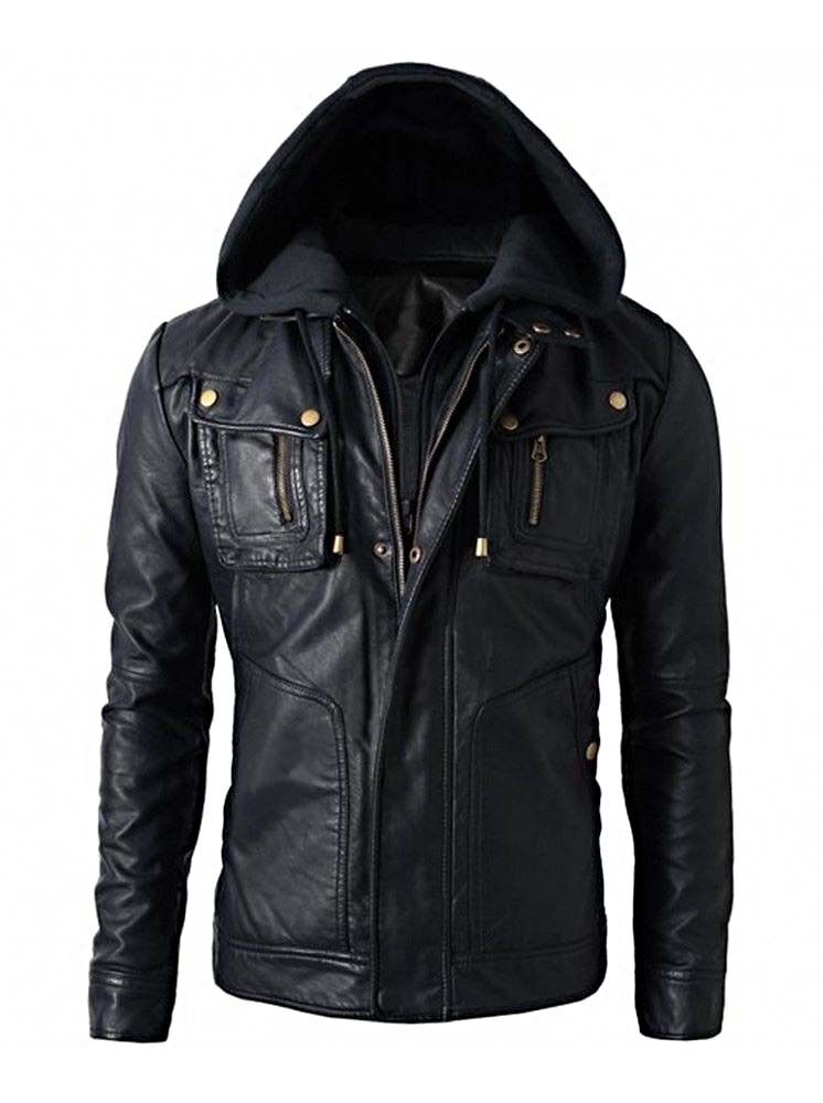 Biker Motorcycle Winter Hooded Leather Jacket, Men Hooded Jacket