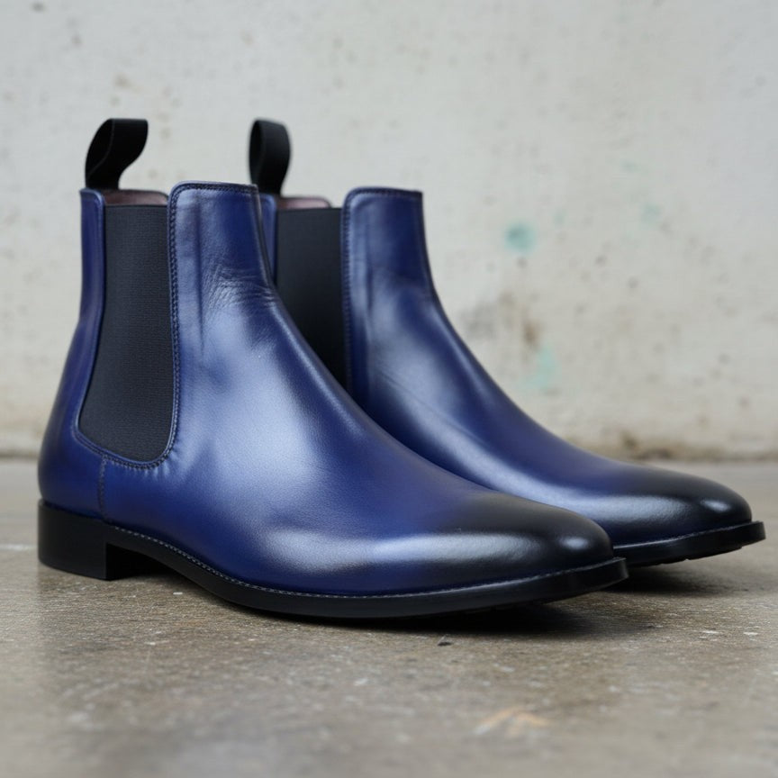 Men's Navy Blue Handmade Leather Ankle Chelsea Boots