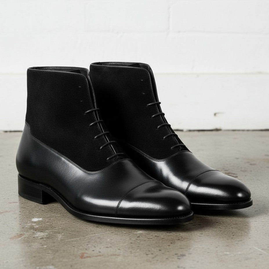 Handmade Men's Black Suede and Leather Lace-Up Ankle Boots