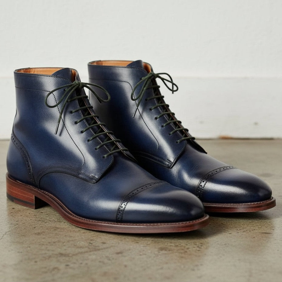 Handmade Men Navy blue Lace up Leather ankle boots, Blue leather dress boot  – Rebels Market