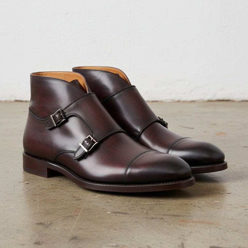 Handcrafted Double Monk Strap Leather Boots in Brown
