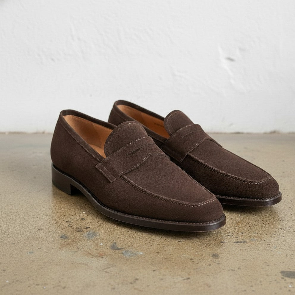 mens suede dress loafers Men's Dark Brown Apron-Toe Suede Penny Loafers — Marsden – Rebels Market