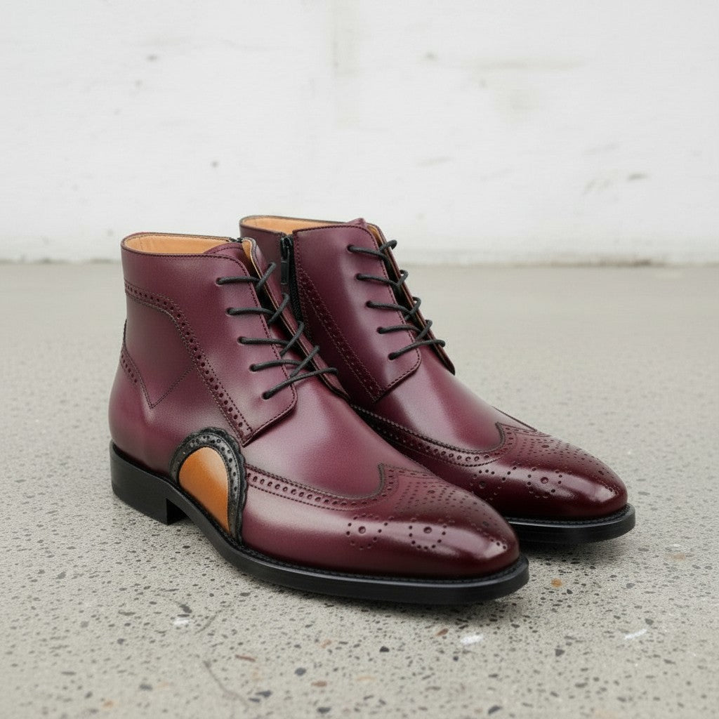 Handcrafted Men's Burgundy Wing Tip Brogue Leather Boots