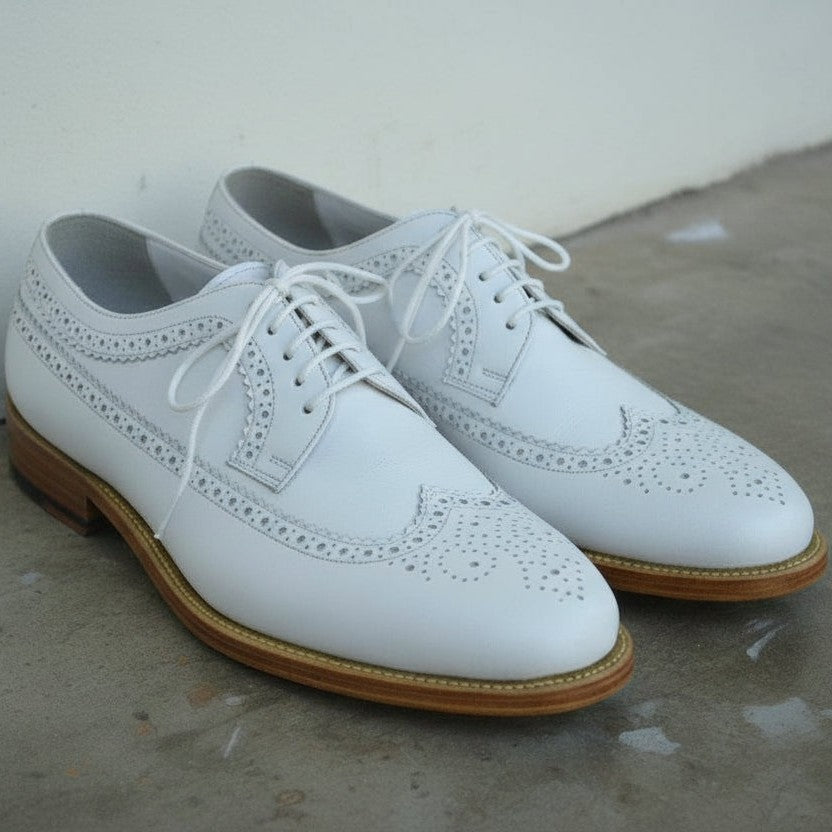 Men's White Wingtip Brogue Leather Derbys