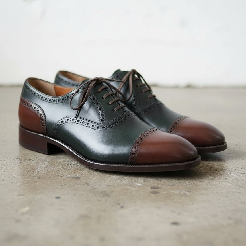 Men's Dark Green and Brown Cap-Toe Leather Oxfords