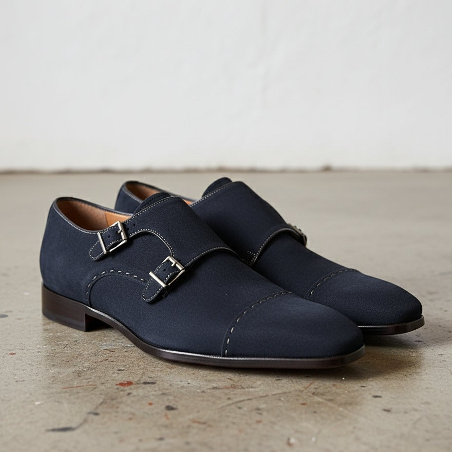 Men's Dark Blue Cap-Toe Suede Double Monk Strap Shoes — Worthington US 5.5 / Navy Blue / 4E