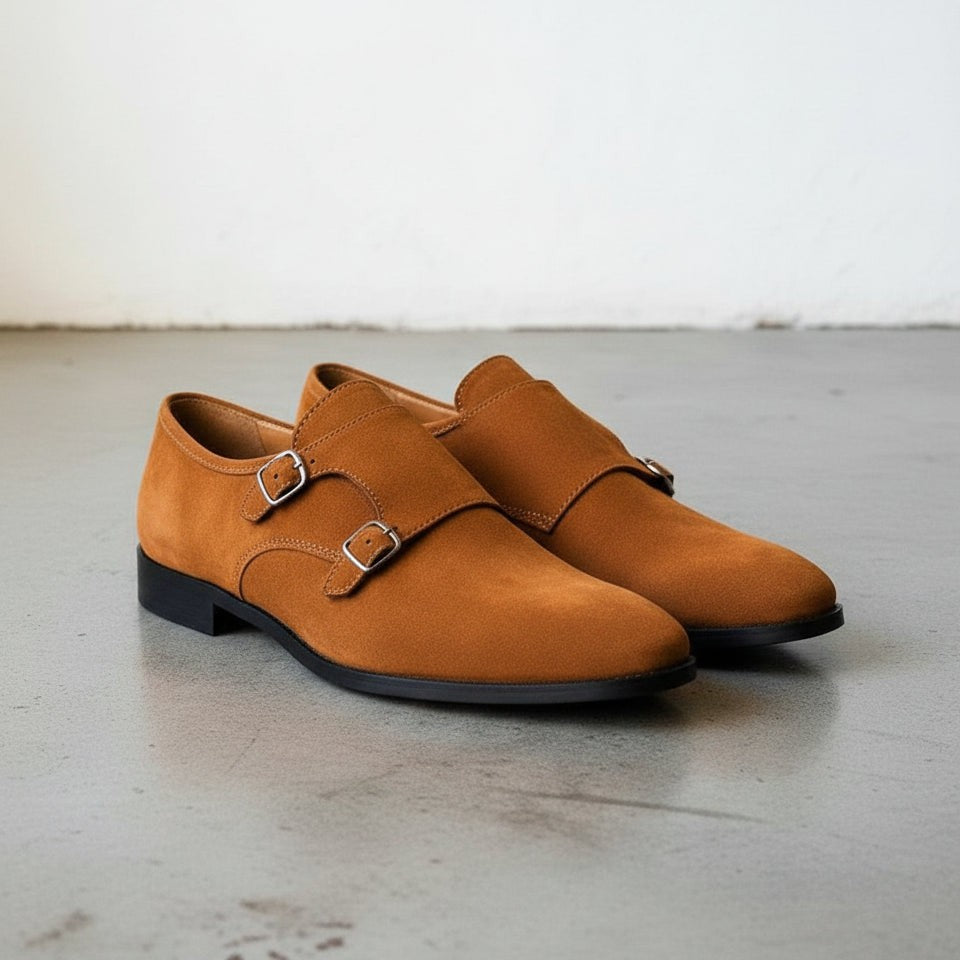 Men's Tan Color Formal Double Monk Shoes - Classic Suede Dress Shoes