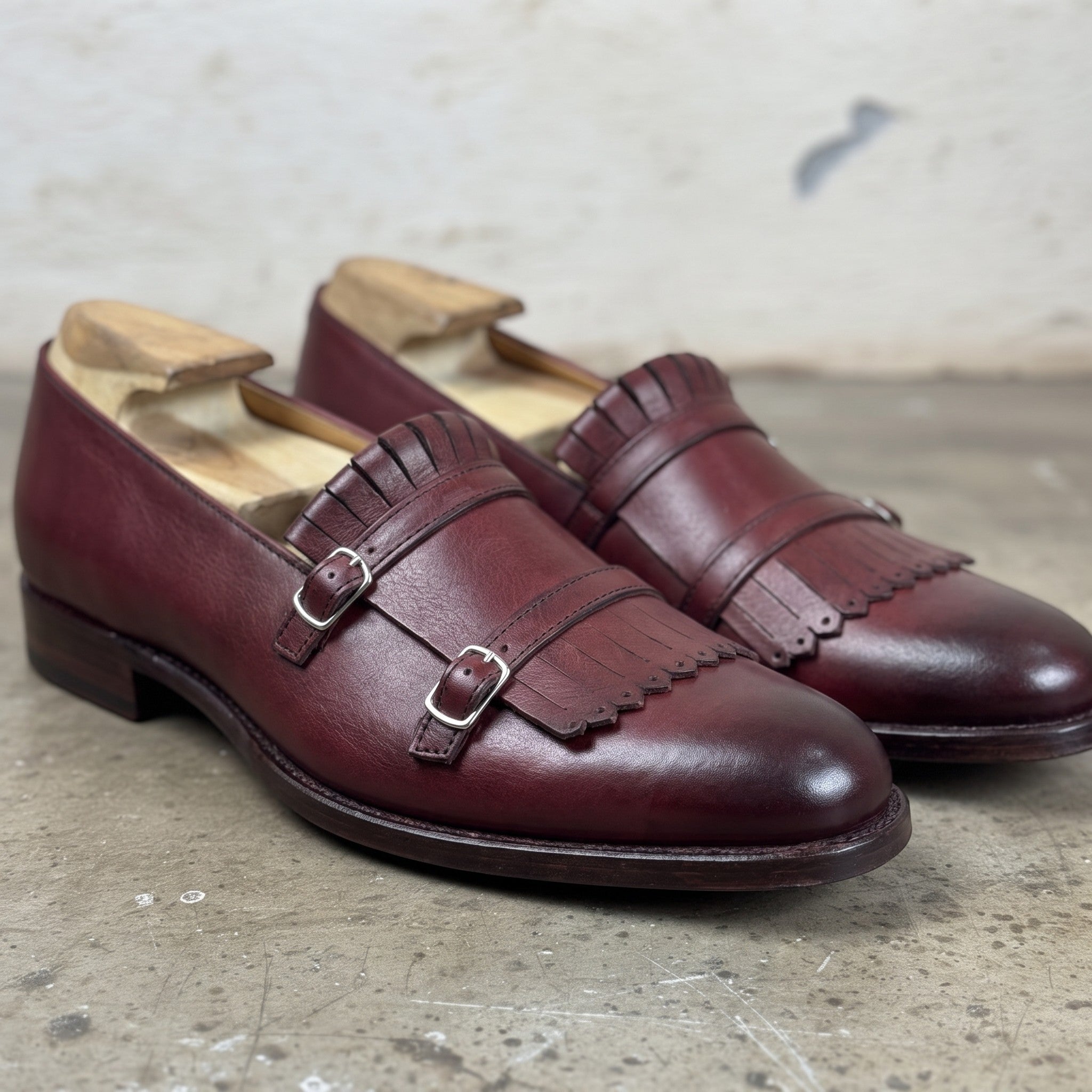 Men's Burgundy Leather Monk Strap Fringe Shoes