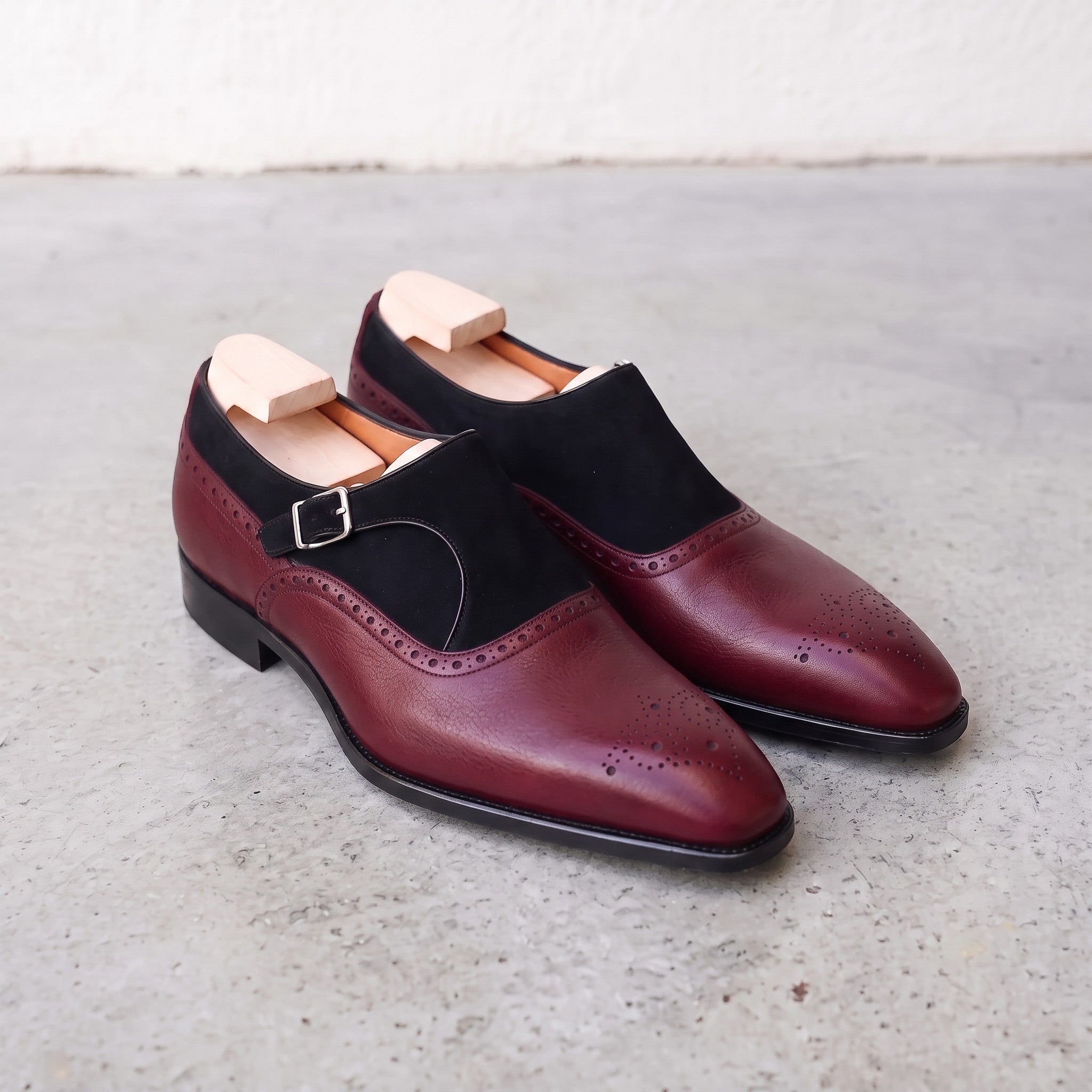 Handmade Men's Burgundy Leather and Suede Formal Monk Shoes - Men's Burgundy Shoes