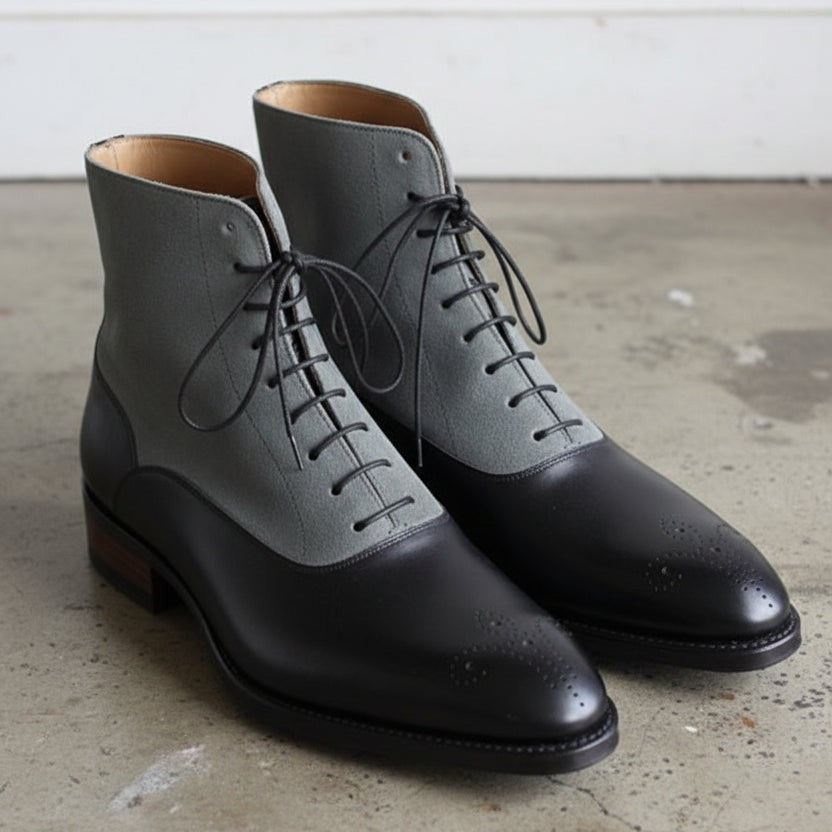 grey leather dress boots Handmade Men's Two Tone Combat - Black and Gray Military Boots Black Dress Halter Neck Silhouette: Wide Leg Featuring a StudGuard premium Color:Blue + Black