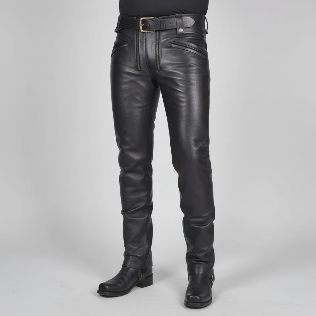 Men's Black Double Zip Leather Jeans | Rock Style Pants – Rebels