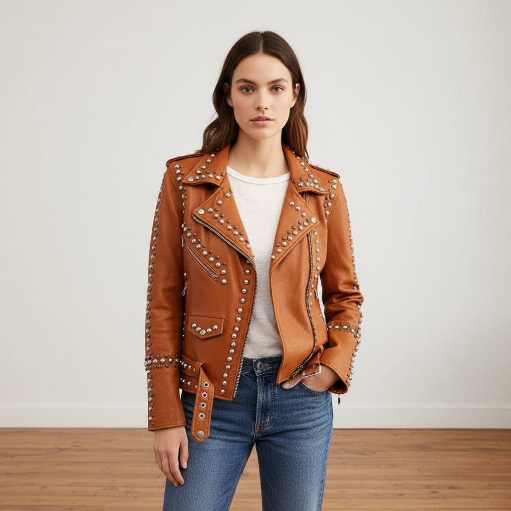 Handmade Gothic Women Brown Leather Studded Jacket, Rock Style Fashion  Jacket