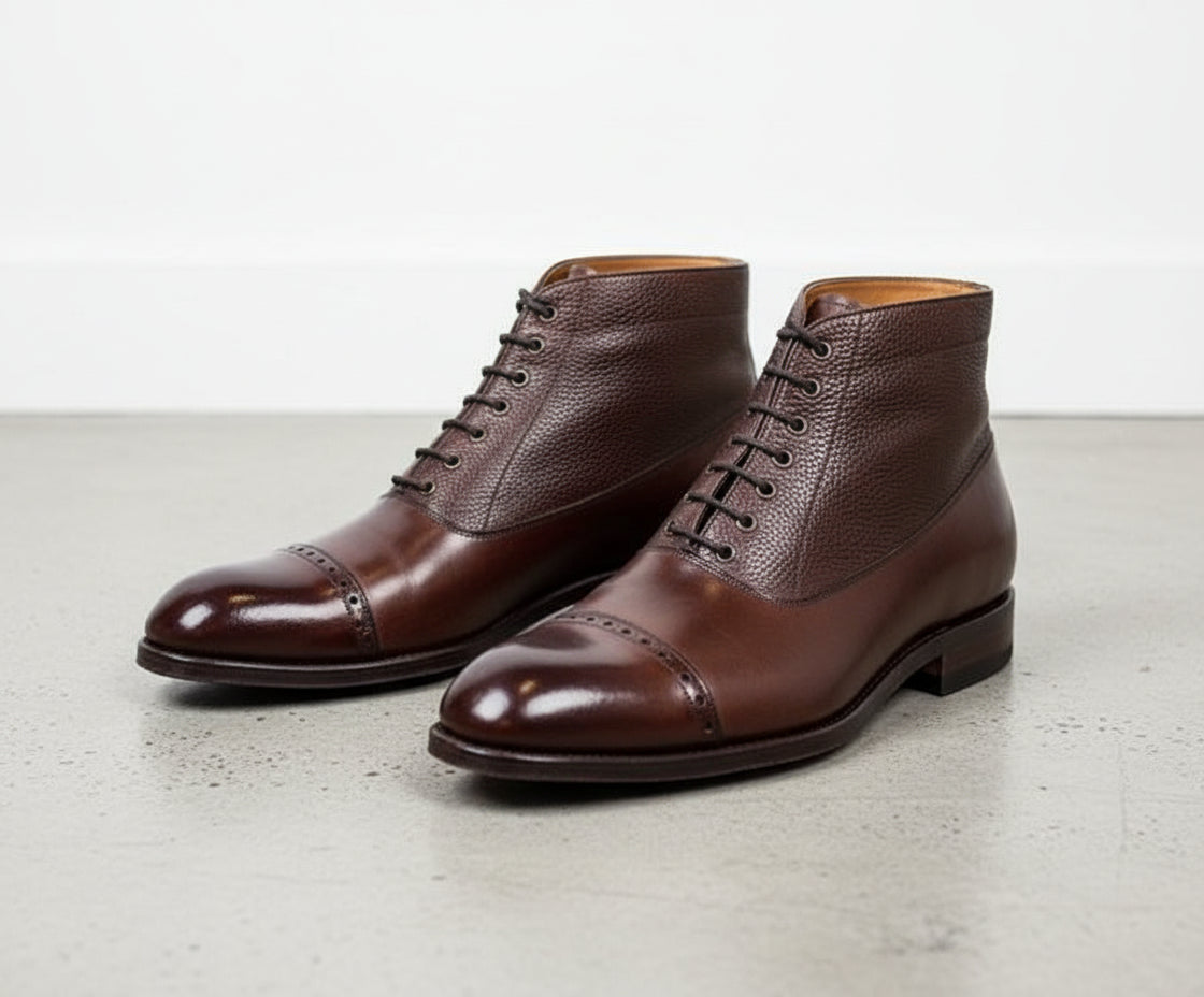 Handmade Cap toe dark brown leather ankle high boots, Mens brown