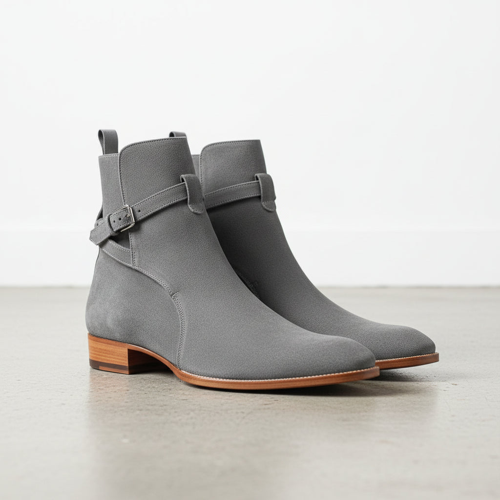 Men's Gray Buckle Strap Suede Jodhpur Ankle Boots