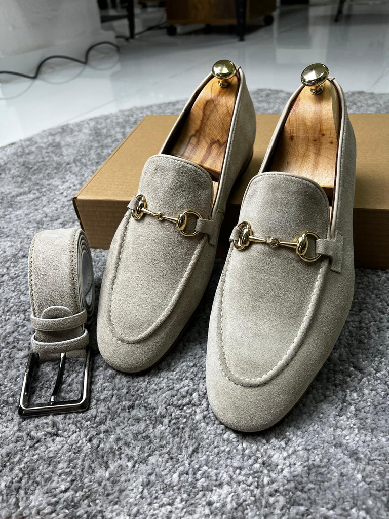 Handmade Men Light Gray Suede Leather Moccasin Shoes, Bit  display picture 1