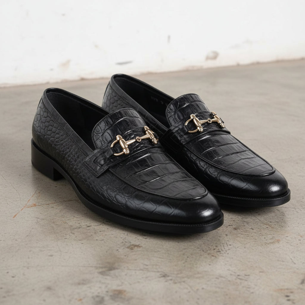 Men's Black Crocodile Embossed Leather Dress Moccasin Shoes