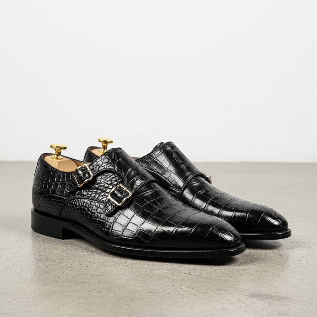 Handcrafted Black Crocodile Leather Double Monk Dress Shoes