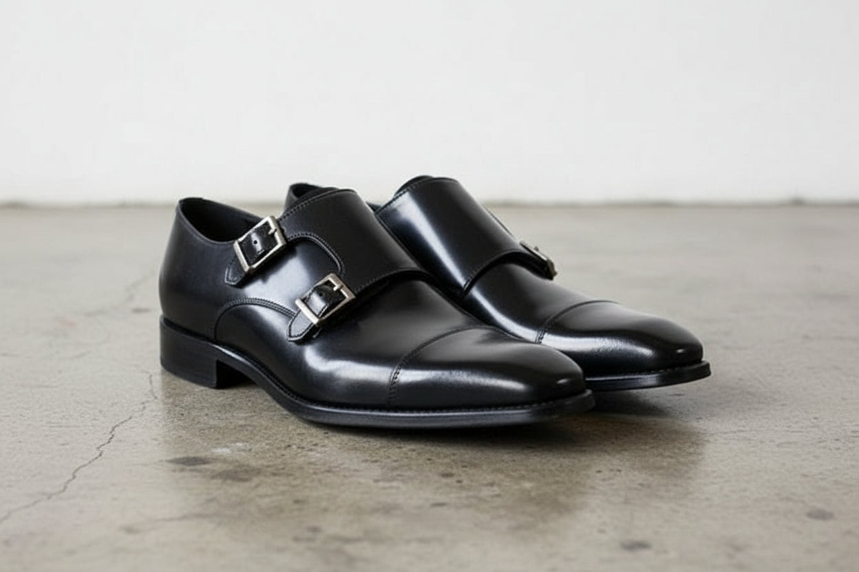 blue dress for baby girl Handmade Men black double buckle dress shoes, Men black leather monk shoes  – Rebels Market
