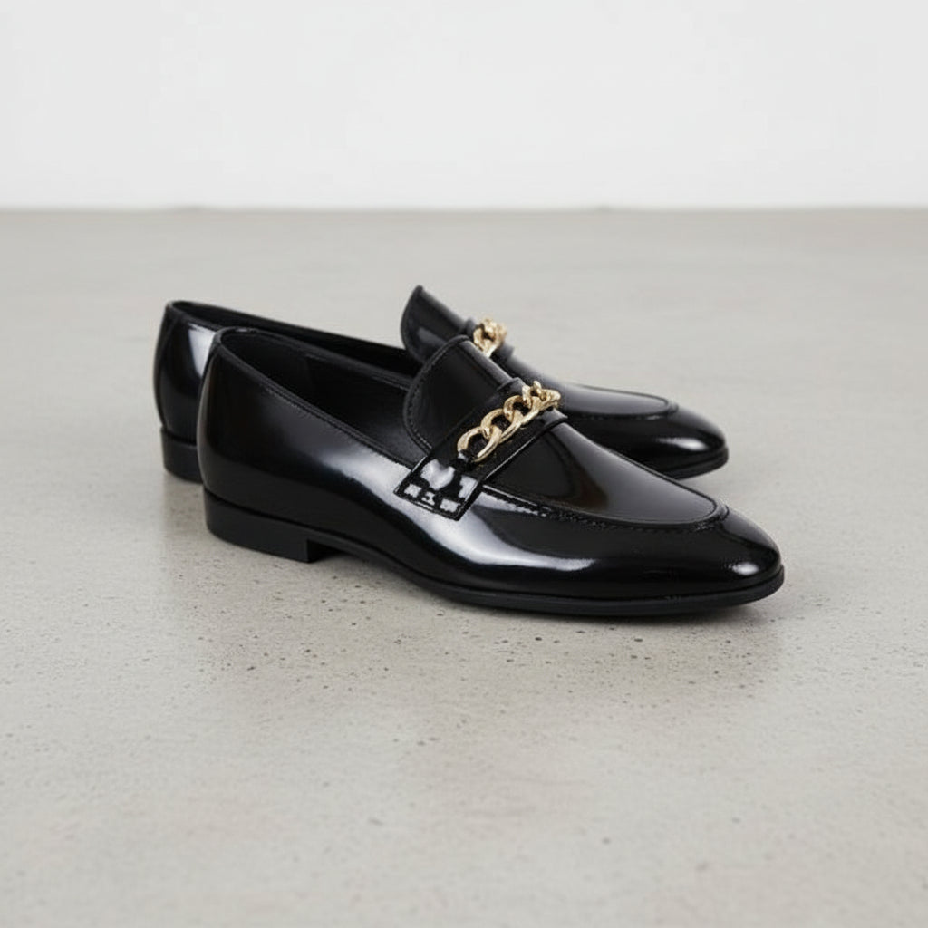 Men's Black Chain Leather Loafers | Chunky Dress Shoes US 5.5 / Black / D - Standard Men's Black Chain Leather Loafers | Chunky Dress Shoes US 5.5 / Black / D - Standard