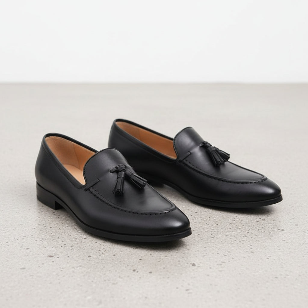 Handmade Men Black Leather Penny loafer shoes with tassels, peas shoes Rebels Market Handmade Men Black Leather Penny loafer shoes with tassels, peas shoes Rebels Market