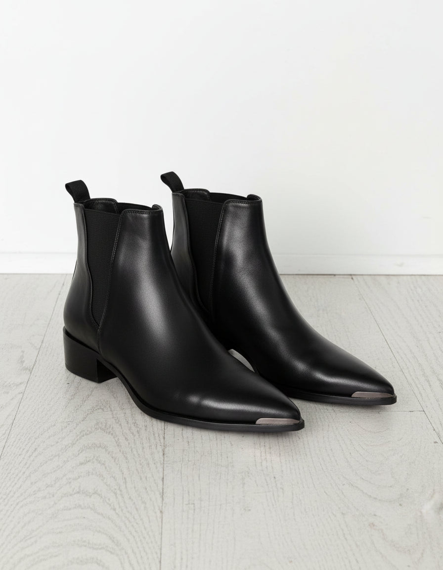 Handmade Men Black Pointed Toe Chelsea Boots, Black Leather Ankle