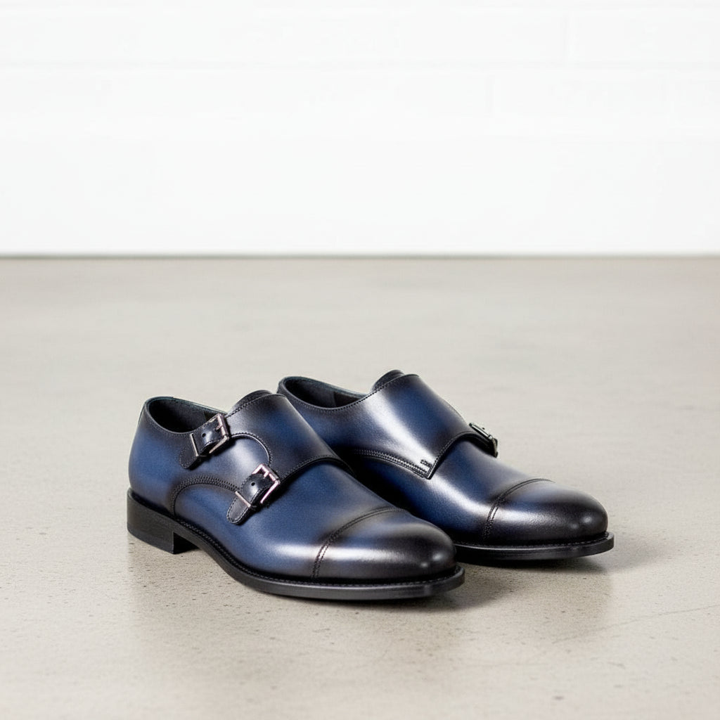 Handmade Men Blue Double buckle dress shoes, Men Blue formal monk shoes US 11 / Blue / D