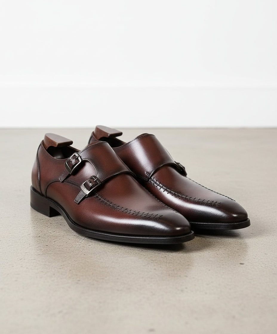 Handmade Men Brown Leather Dhouble Monk Shoes, Men Brown Buckle Dress Shoes